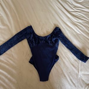 Yumiko Leotard Navy Velvet Top Long Sleeve High Cut Leg Size Small